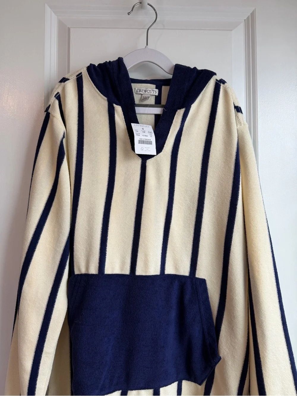 J. Crew Crewcuts Kids Hooded Pullover Towel Terry Cream Blue Stripes NWT Size XL